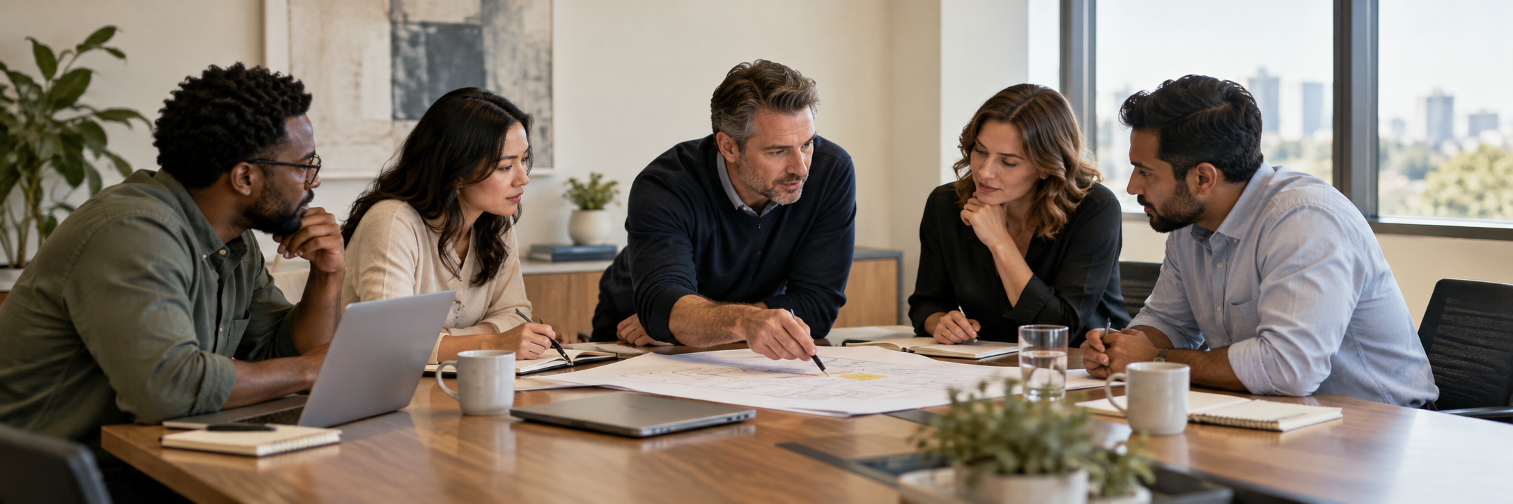 Illustrative business workshop showing people discussing a workflow