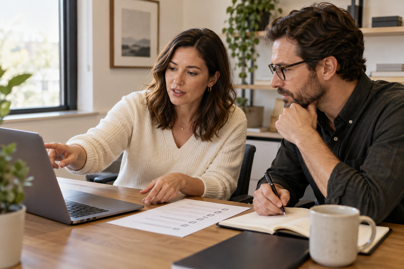 Two professionals reviewing an implementation checklist together