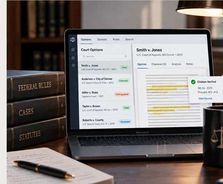 Legal research workspace with books and documents